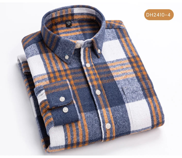 Langärmliges Flanell-Karohemd für Herren – weiche reine Baumwolle, Button-Down-Hemden, dick, Herbst und Winter – Wochenend-Casual, Ausgehen