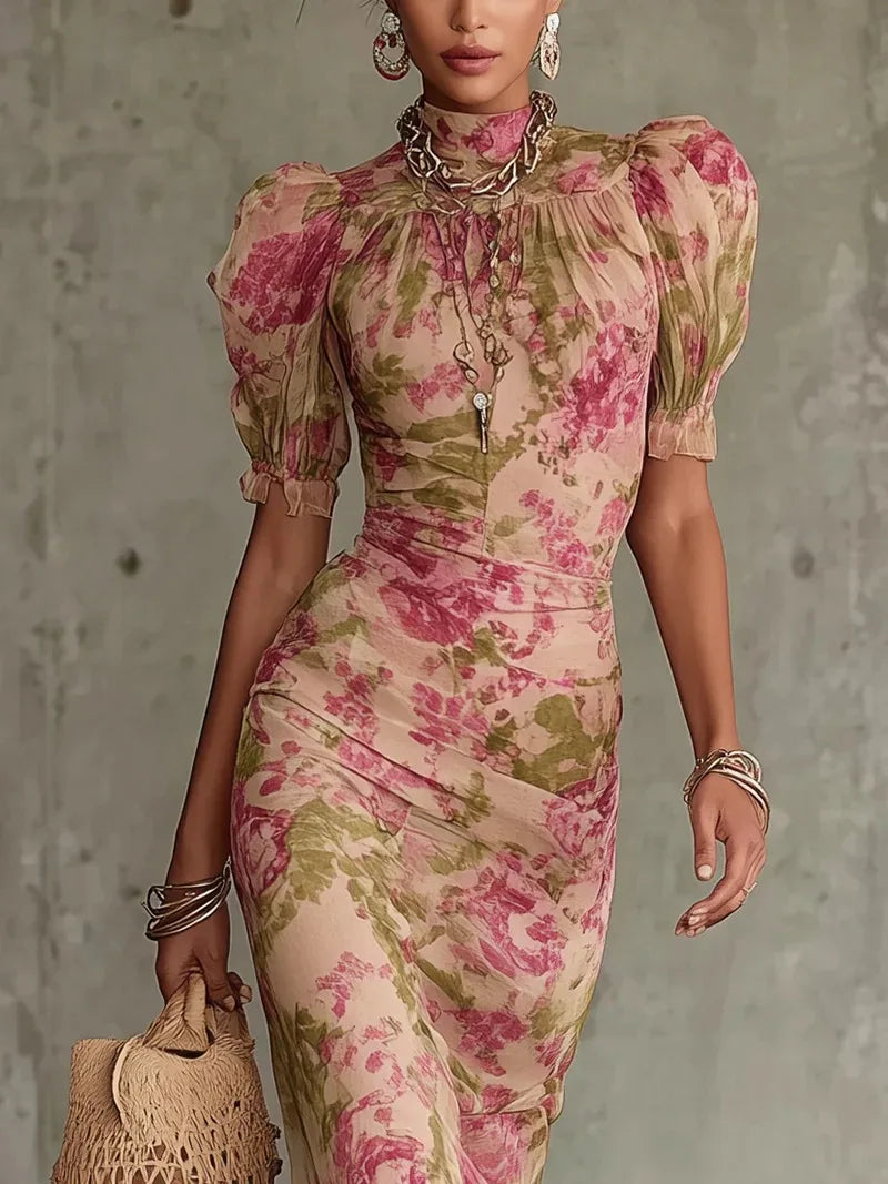 Blumendruck Mode Kurzarm Mesh Vielseitiges Elegantes Langes Kleid Damen Abendkleid Meerjungfrau Schlankes Sexy Spitzen-Splicing Abendkleid