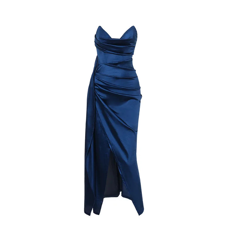 Elegantes Trägerloses Einfarbiges Abendkleid Schickes Satin-Korsettkleid für Damen V-Ausschnitt Geschlitztes Blaues Langes Kleid Damen Sommer-Partykleid