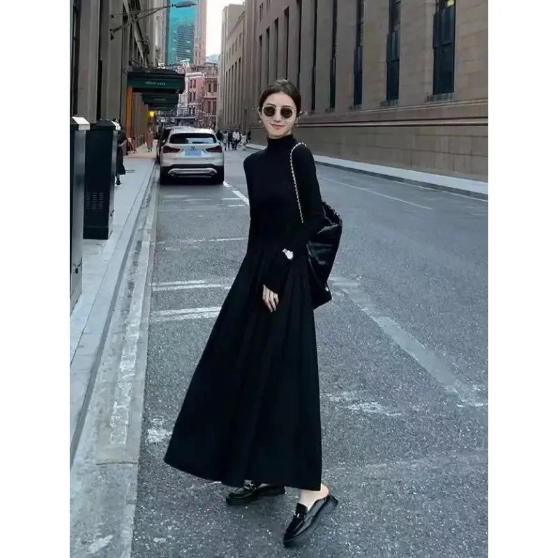 Neue Französisch Stil Temperament frauen High-Grade Schwarz Kleid Hepburn Stil Grau Rollkragen Kleid für Frauen Herbst Winter DF4964
