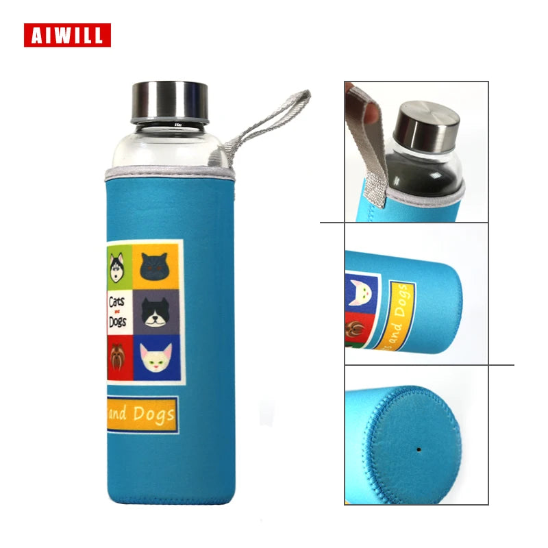 AIWILL Heißer Verkauf Glas Sport Wasser Flasche Mit Schutzhülle Tasche 280 ml/360 ml/550 ml Obst Outdoor fahrrad Flaschen Hohe Qualität
