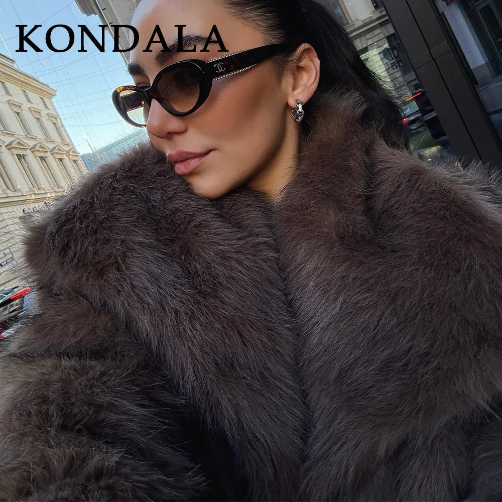 KONDALA 2025, Herbst und Winter, lässig, Kunstpelz, braun, für Damen, warme Jacken, Streetwear, Umlegekragen, Weihnachten, übergroße, elegante Mäntel