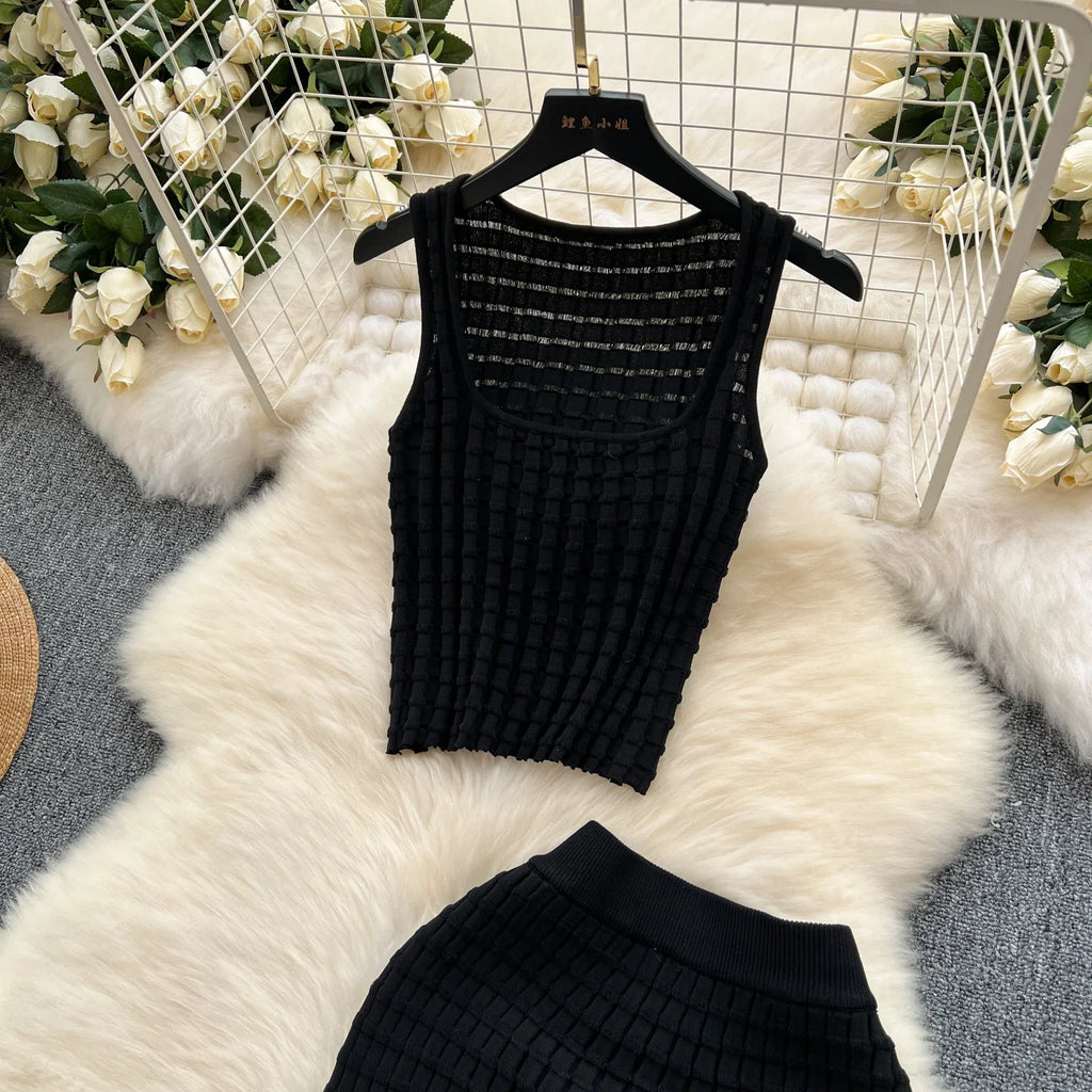 Sommer Frauen Mode Rock Set sexy ärmellose Tanktops hohe Taille schlanke lange Saya weibliche zweiteilige Anzüge stricken feste Kleidung