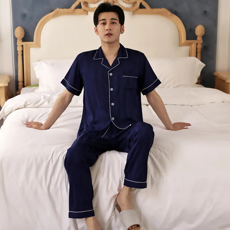 Hohe Qualität Pyjamas Set Männer Frühling Herbst Dünne Polyester Eis Seide Lange ärmeln Nachtwäsche Plus Größe Sommer Hause Kleidung männlichen