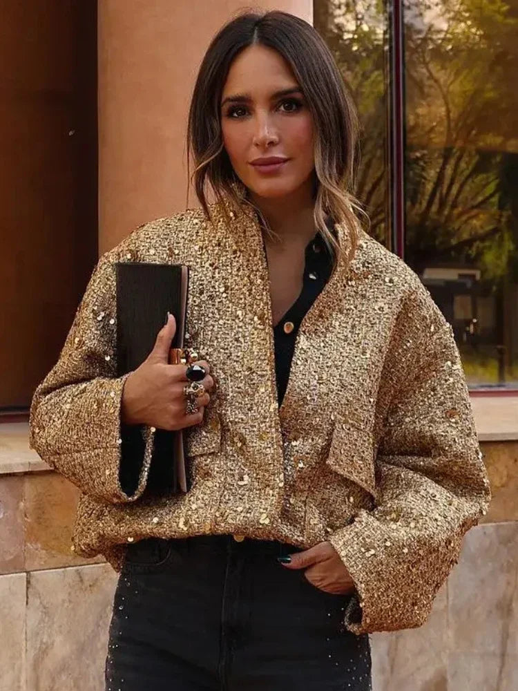 Damen Pailletten Bomber jacke fallen neue Rundhals ausschnitt Langarm Tasche Stretch Saum Pailletten Jacke Mantel weibliche schicke Oberbekleidung