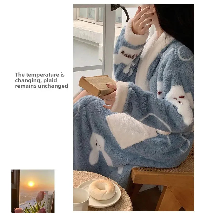 Verdickte Korallen Fleece Robe frauen V-ausschnitt Gürtel Langarm Mid-länge Süße Stil Warme Hause Kleidung Winter Saison
