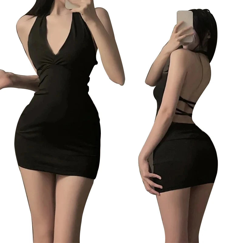 Damen Sexy Neckholder Rückenfreies Figurbetontes V-Ausschnitt Wickelkleid Schwarzes Party-Nacht-Minikleid