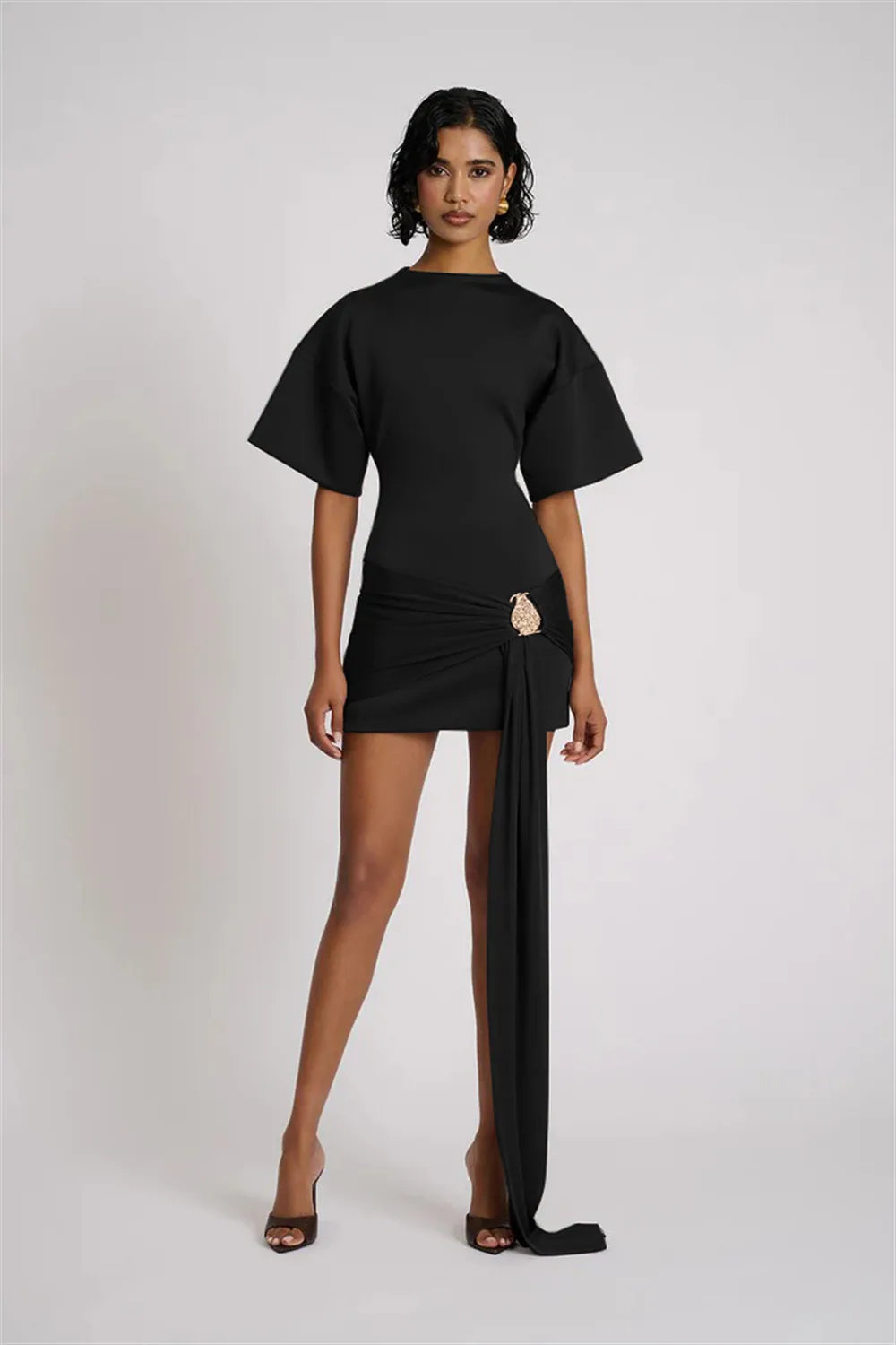 Apprabant Women Buckle Ruched Ribbon Mini Dress O-Neck Metal Short Sleeve Solid Color Silm Bodycon Short Dress Casual Partywear