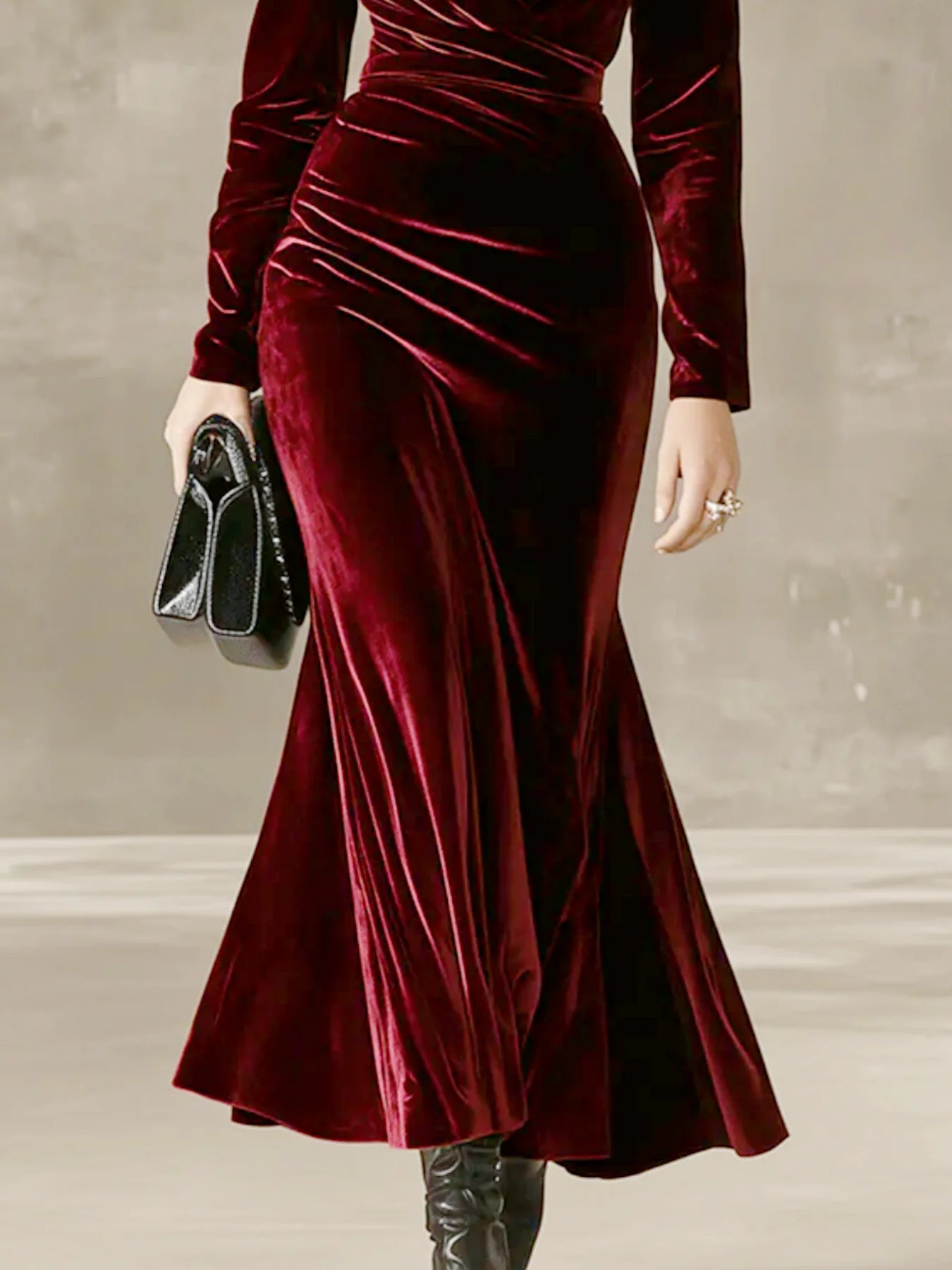 Elegantes, einfarbiges Samt-Langarmkleid mit V-Ausschnitt und Fischschwanzkleid in Weinrot für Urlaub, Party, figurbetontes Kleid