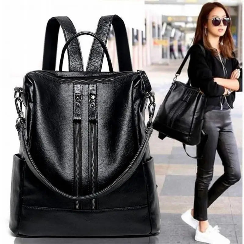 Frauen Weiches Leder Rucksack Schule Schwarz Casual Multifunktionale College Tasche Große Kapazität Schulter Taschen Reise Tote Rucksack