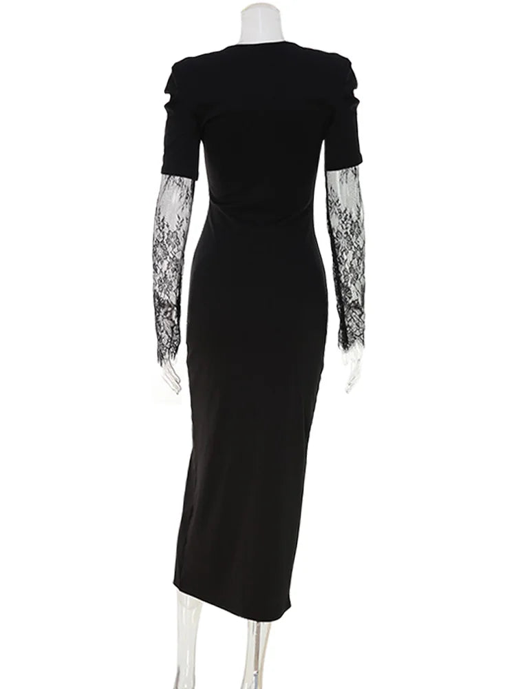 Ahagaga Eelgant Spitze frauen Kleid Patchwork Lange Ärmel Herbst Party Slim Fit Mantel Samt Sexy Split Trend Weibliche Vestidos