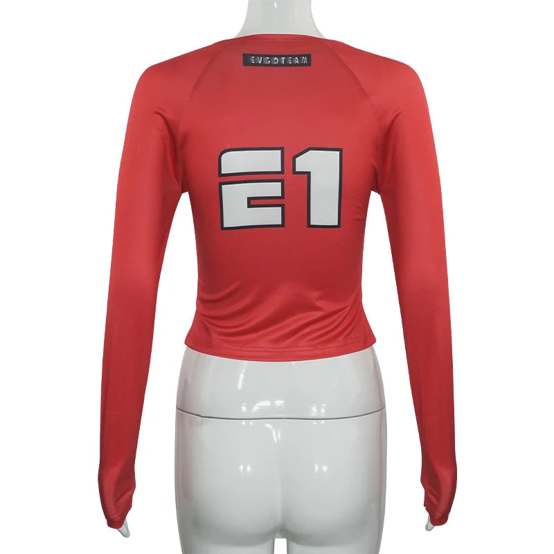 Oshfall European and American hot girls 2024 autumn new motorcycle style letter print round neck long sleeve slim women's tops