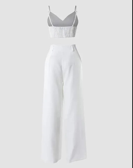 Sommer Sexy 2-teiliges Set Frauen V-ausschnitt Strap Geraffte Schlank Crop Top & Spitze-up Breite Bein Hosen Sets elegante Urlaub Dame Anzug