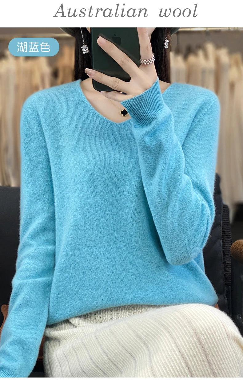 Frauen 100% Merinowolle Pullover V-Ausschnitt Basic Pullover Herbst Winter Kaschmir Kleidung Langarm weiche Strickwaren Tops einfarbig