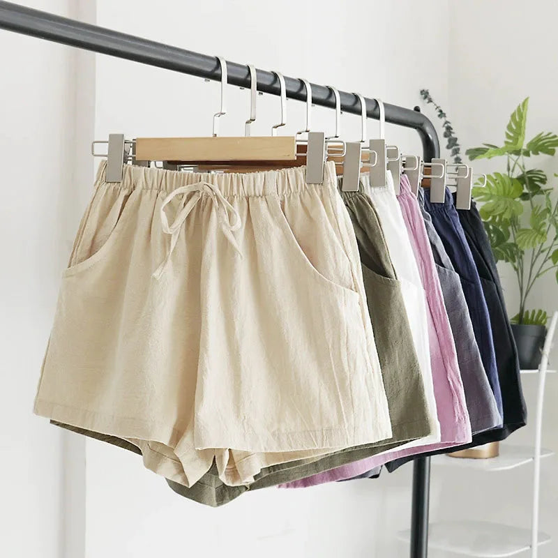 Damen Baumwoll-Leinen-Shorts 2026 – Neue Sommer High-Waist Freizeit-Sportshorts für Damen, einfarbig mit Taschen, lockere Strand-Shorts