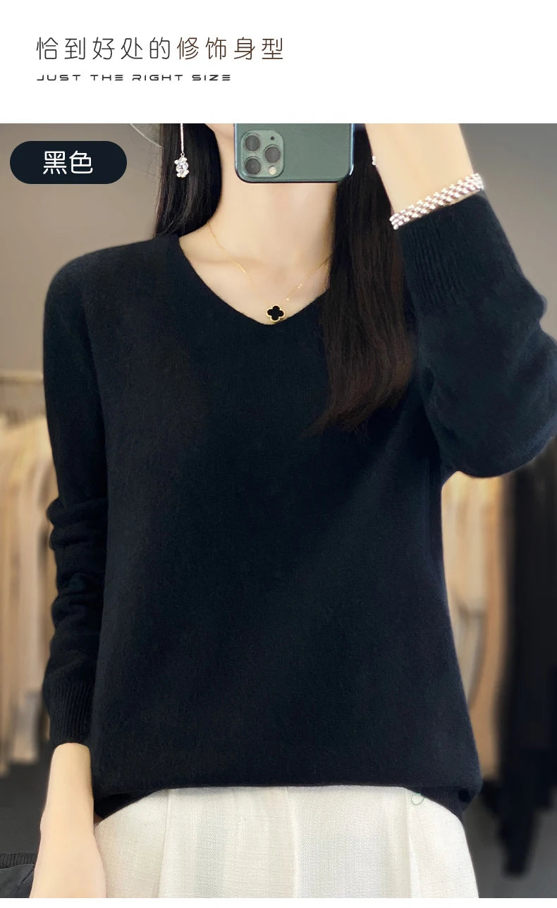 Frauen 100% Merinowolle Pullover V-Ausschnitt Basic Pullover Herbst Winter Kaschmir Kleidung Langarm weiche Strickwaren Tops einfarbig