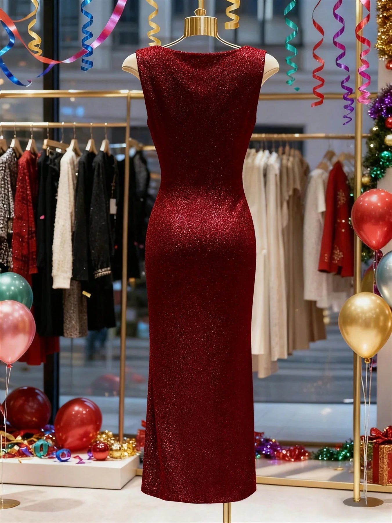 Sommermode Neuheiten: Elegantes, Ärmelloses, Funkelndes, Figurbetontes Tiefer-Ausschnitt-Abendkleid