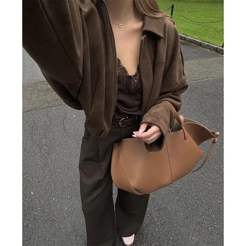 Wildlederjacke im Retro-Stil, Reißverschlusskragen, Oberbekleidung für Damen, mittlere Dicke, lange Ärmel, Street Fashion, lockere Passform, Herbst und Winter