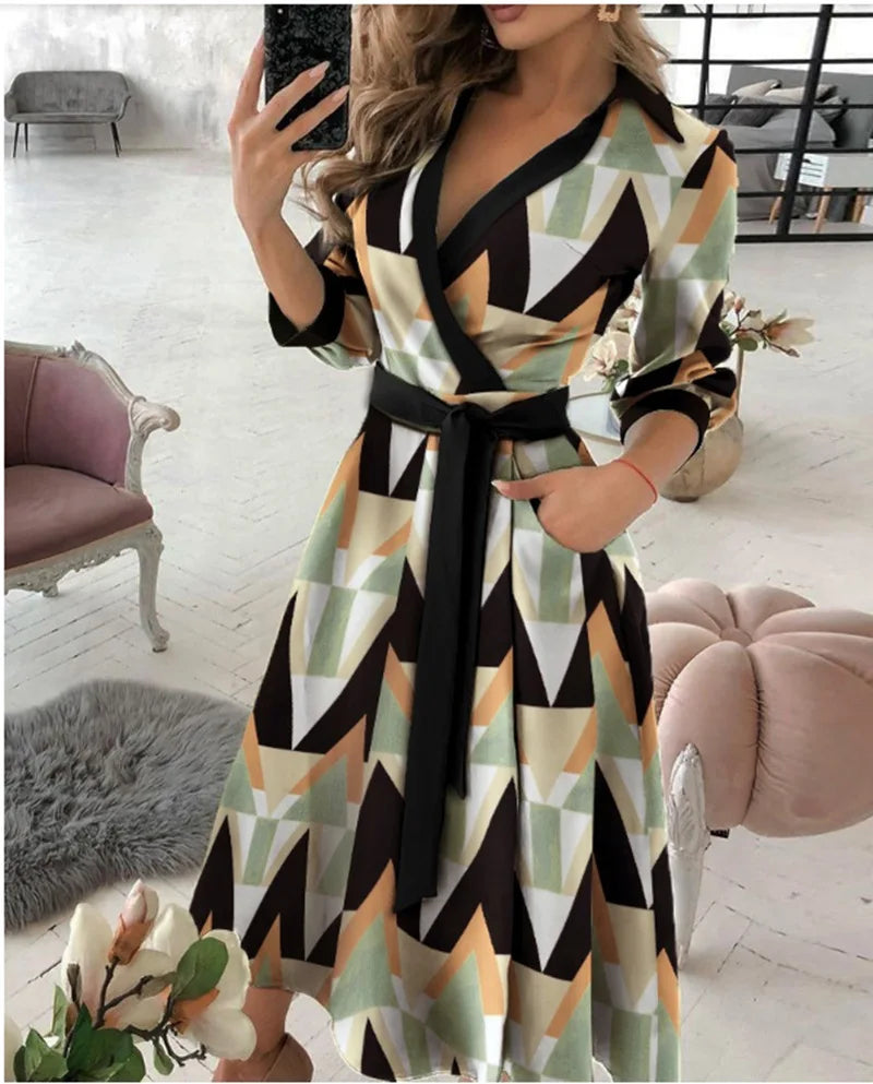 Herbst Neue Casual frauen Mode Lange ärmeln V-ausschnitt Gedruckt Muster Mid-länge Elegante Gedruckt frauen Kleid