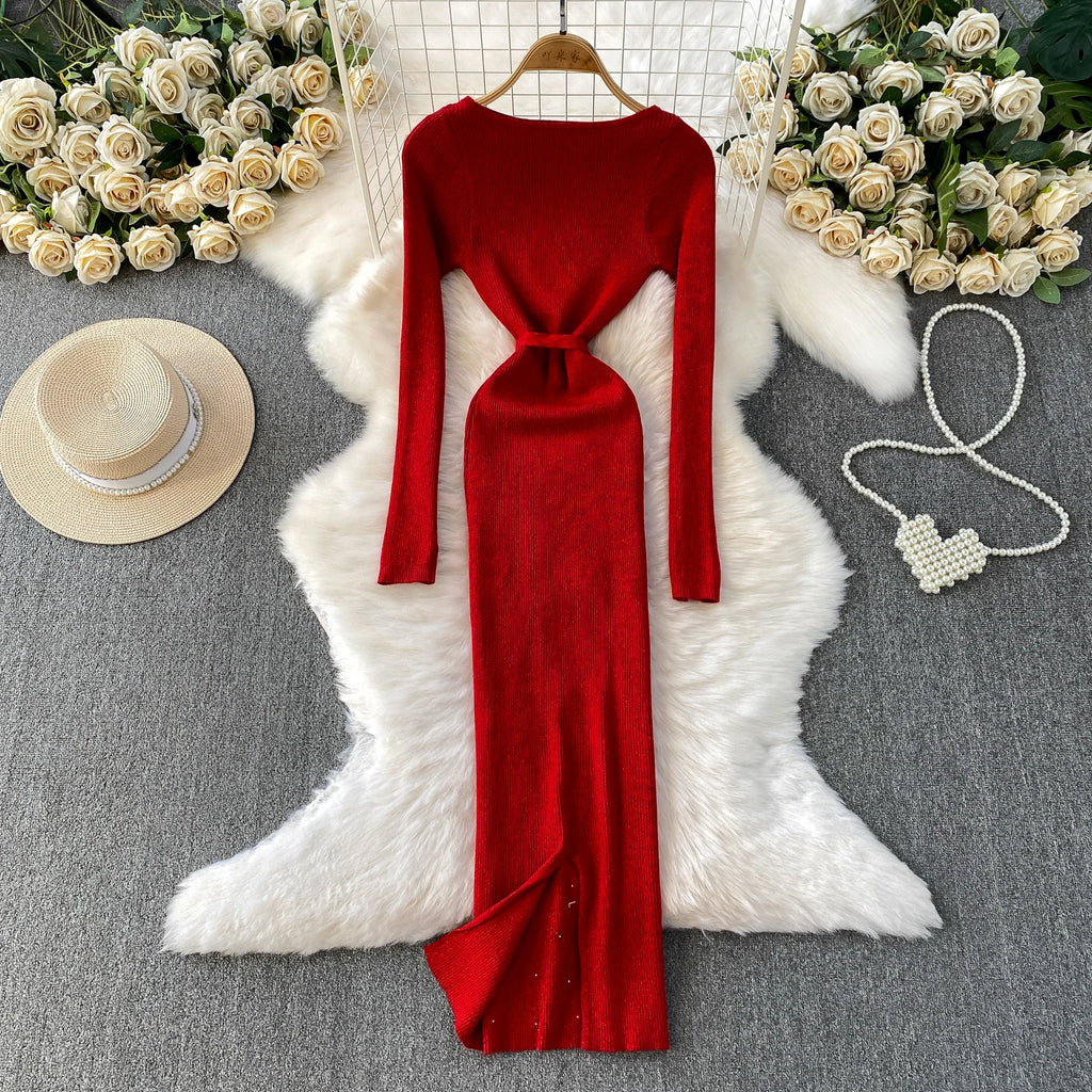 Schickes, sexy, elegantes, langärmliges, figurbetontes O-Ausschnitt-Kleid für Damen, koreanische Abendkleider für Modezeremonie