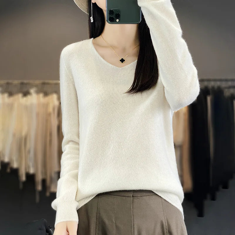 Frauen 100% Merinowolle Pullover V-Ausschnitt Basic Pullover Herbst Winter Kaschmir Kleidung Langarm weiche Strickwaren Tops einfarbig
