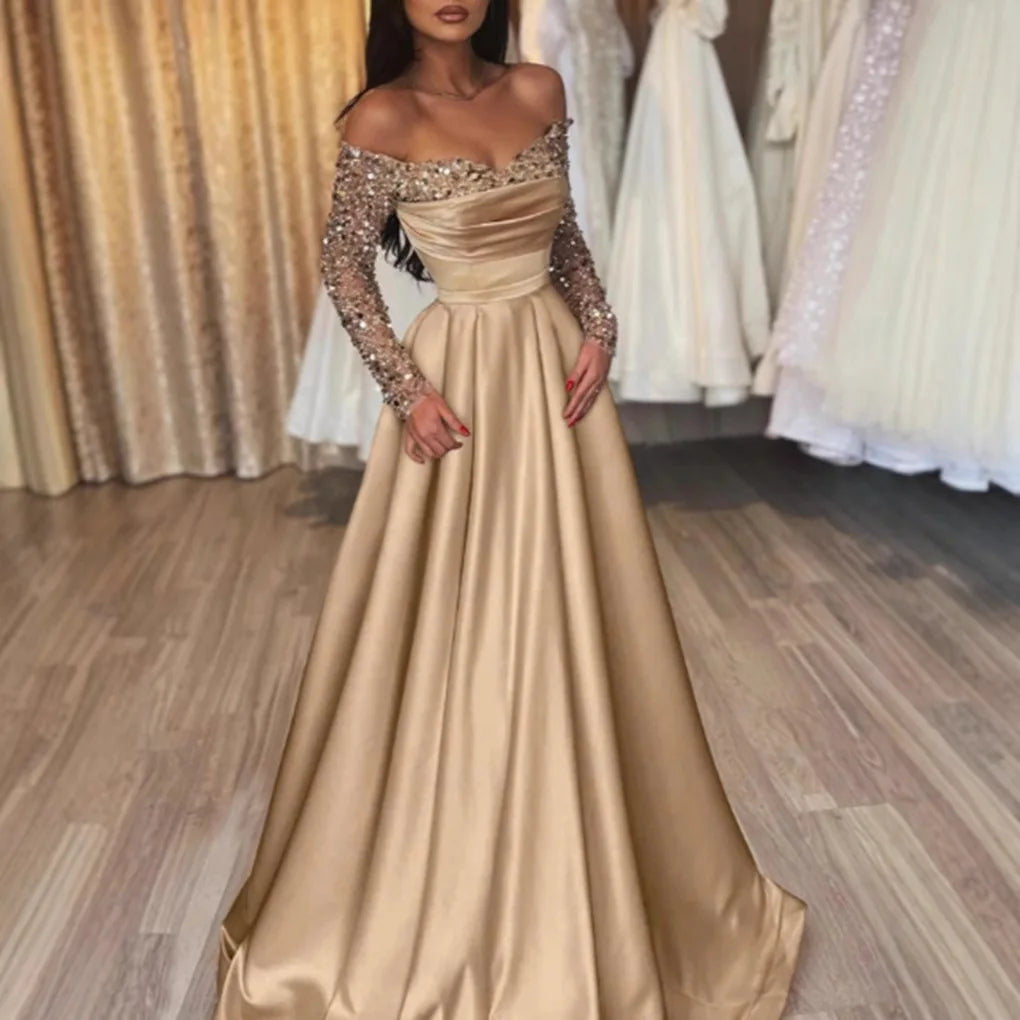 Langärmliges, glitzerndes Pailletten-Abendkleid 2026, formelles Party-Dinner, Bankett, Host-Kleider, elegantes, schulterfreies, bodenlanges Kleid