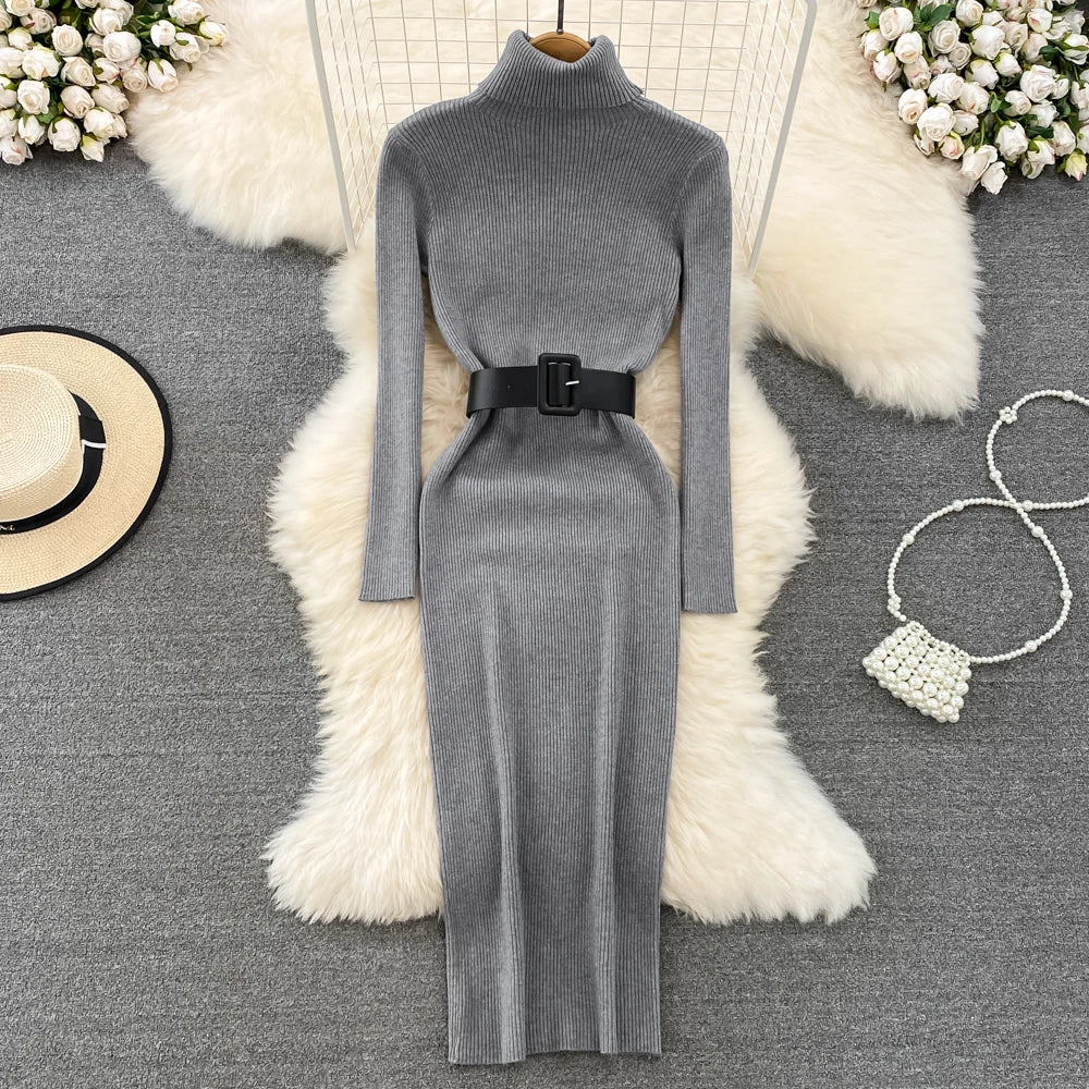 REALEFT Herbst Winter 2025, neue Rollkragen frauen Gestrickte Kleider mit Gürtel Langarm Elegante Bodycon Wrap Kleid Weibliche