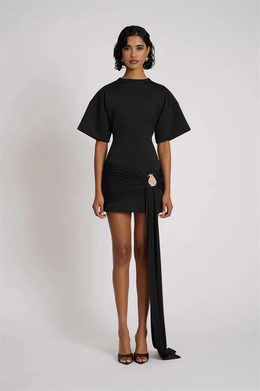Apprabant Women Buckle Ruched Ribbon Mini Dress O-Neck Metal Short Sleeve Solid Color Silm Bodycon Short Dress Casual Partywear
