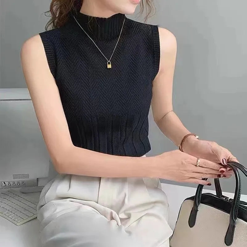 HELIAR Frauen Sommer Beiläufige Gestrickte Tank Tops Solide Ärmellose Halb Hohe Kragen Schlank Basis Shirt Sexy Top Strickwaren Y2k High Street