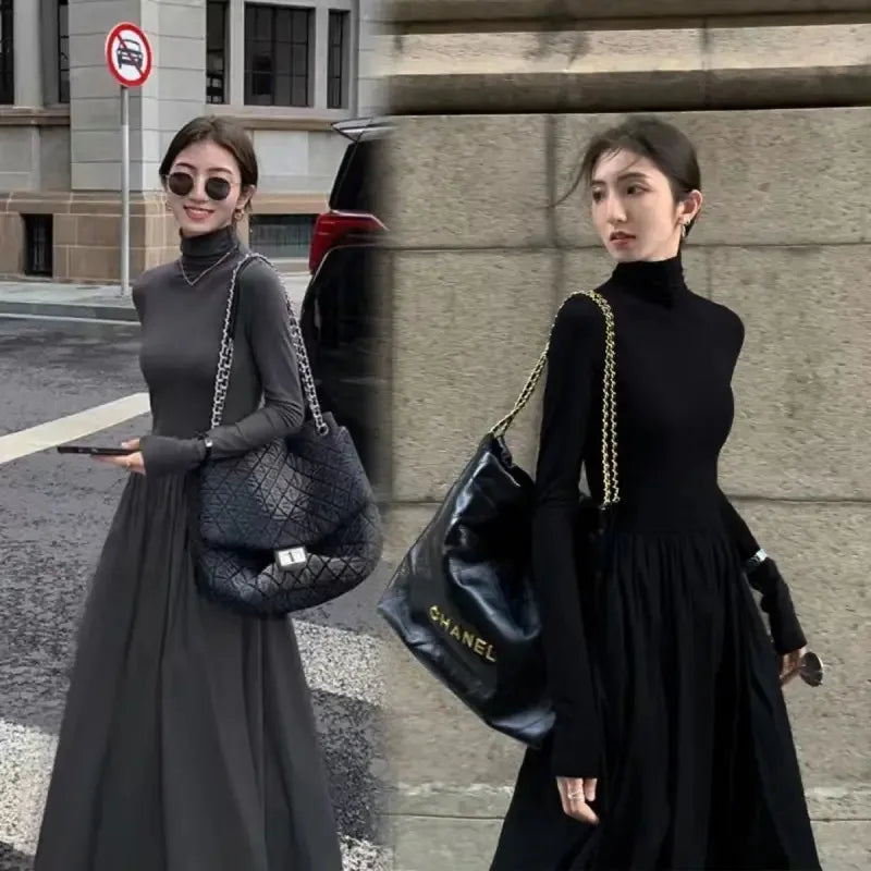 Neue Französisch Stil Temperament frauen High-Grade Schwarz Kleid Hepburn Stil Grau Rollkragen Kleid für Frauen Herbst Winter DF4964