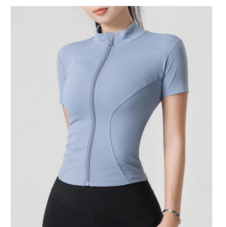 Woman yoga Jacket High Elastic Yoga Short Sleeve Coat Stand Collar Tight Sports Coat Naked Fitness Short Sleeve Female