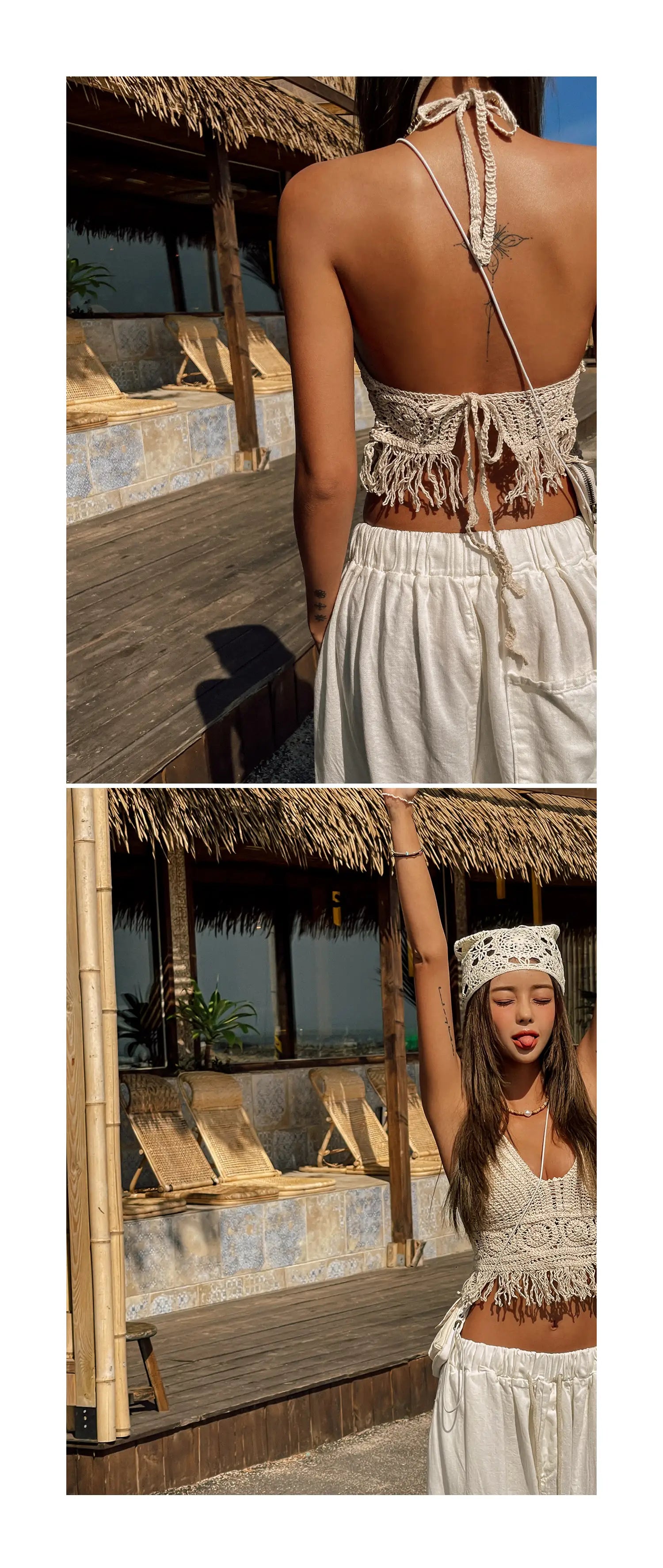 Boho Häkel-Neckholder-Top für Damen, Sommer-Strand-Strick-Crop-Top mit Quasten, rückenfrei, ärmellos, Bralette