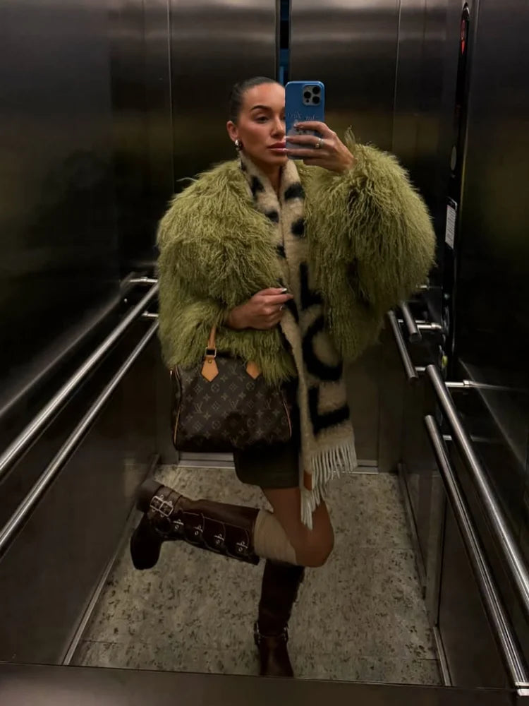 Mongolei Woolen Faux Pelz Jacke Solide Frauen Mode Drehen Unten Kragen Langarm Strickjacke Kurze Mäntel Dame Täglichen Straße Outwears
