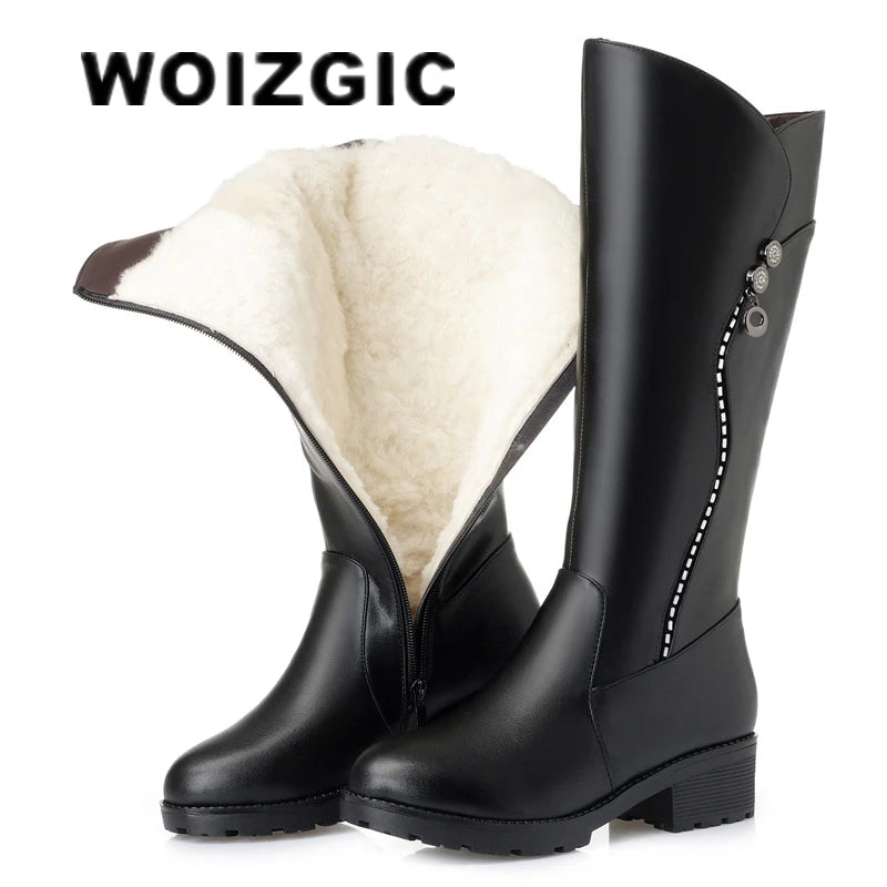 WOIZGIC Damen-Stiefel aus echtem Leder, für Damen, Plattform, Schnee, Wolle, Plüschfell, warm, Winter, mittlerer Absatz, Reißverschluss, Übergröße 42 43