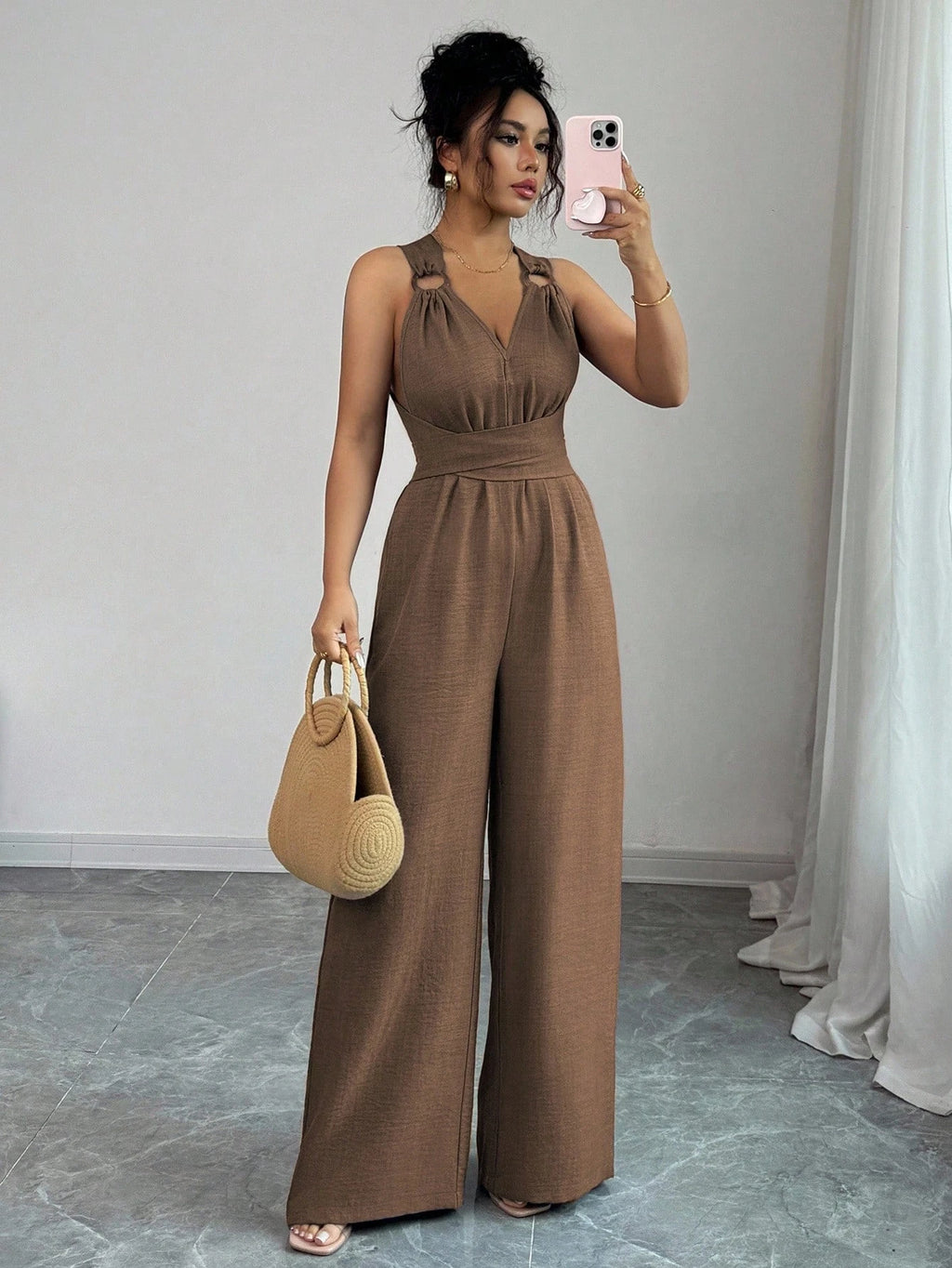 Damen-Overall mit V-Ausschnitt, Bindetaille und weitem Bein, lässige Sommerkleidung, Madeleine-Stil, Sommerbraun