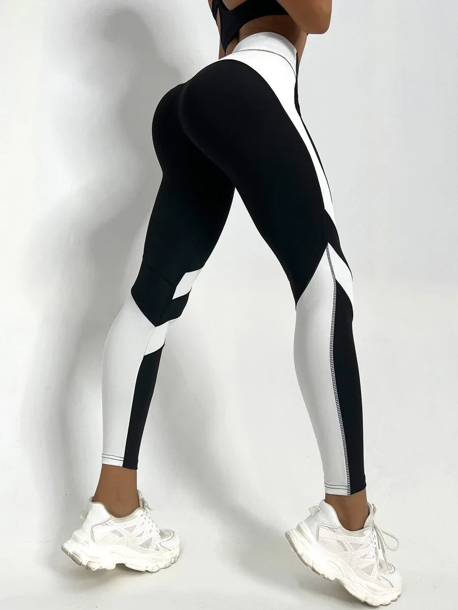 Zweifarbige Yoga-Leggings mit Bauchkontrolle, Sportstrumpfhose