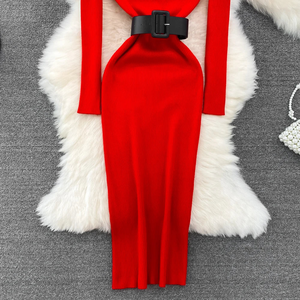 REALEFT Herbst Winter 2025, neue Rollkragen frauen Gestrickte Kleider mit Gürtel Langarm Elegante Bodycon Wrap Kleid Weibliche