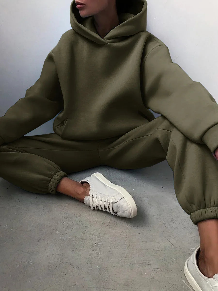 Plus Size 2024 Autumn/Winter Amazon Cross-Border Women's Fashion Casual Thickened Long Sleeve Sweatshirt Trousers Two-Piece Suit