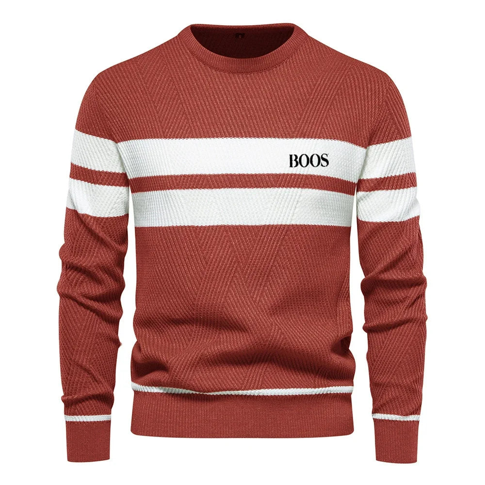 Autumn and winter men's casual striped men's sweater pullover, color blocked round neck embroidered men's European size knitted