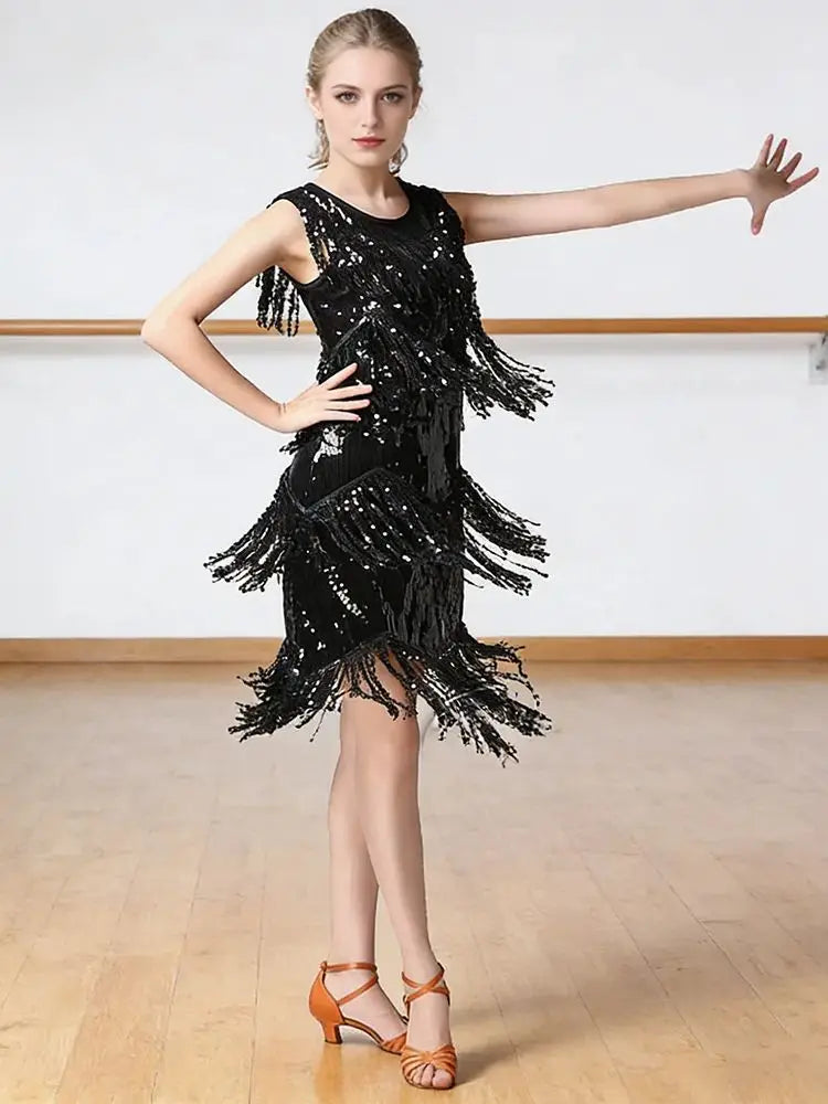 Lateinamerikanisches Salsa-Tango-Kleid für Damen mit Pailletten, Asymmetrischen Fransen, Rundhalsausschnitt und Brustmuster für Gesellschaftstanz