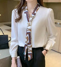 H Han Königin Frühling Chiffon Einfache Büro Dame Bluse Weibliches Hemd Bogen Tops Langarm Casual Koreanische OL Lose Blusen Frauen