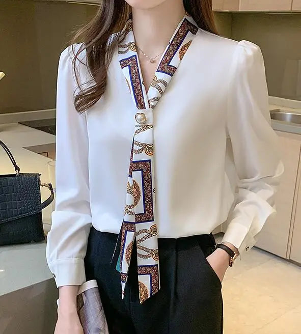 H Han Königin Frühling Chiffon Einfache Büro Dame Bluse Weibliches Hemd Bogen Tops Langarm Casual Koreanische OL Lose Blusen Frauen