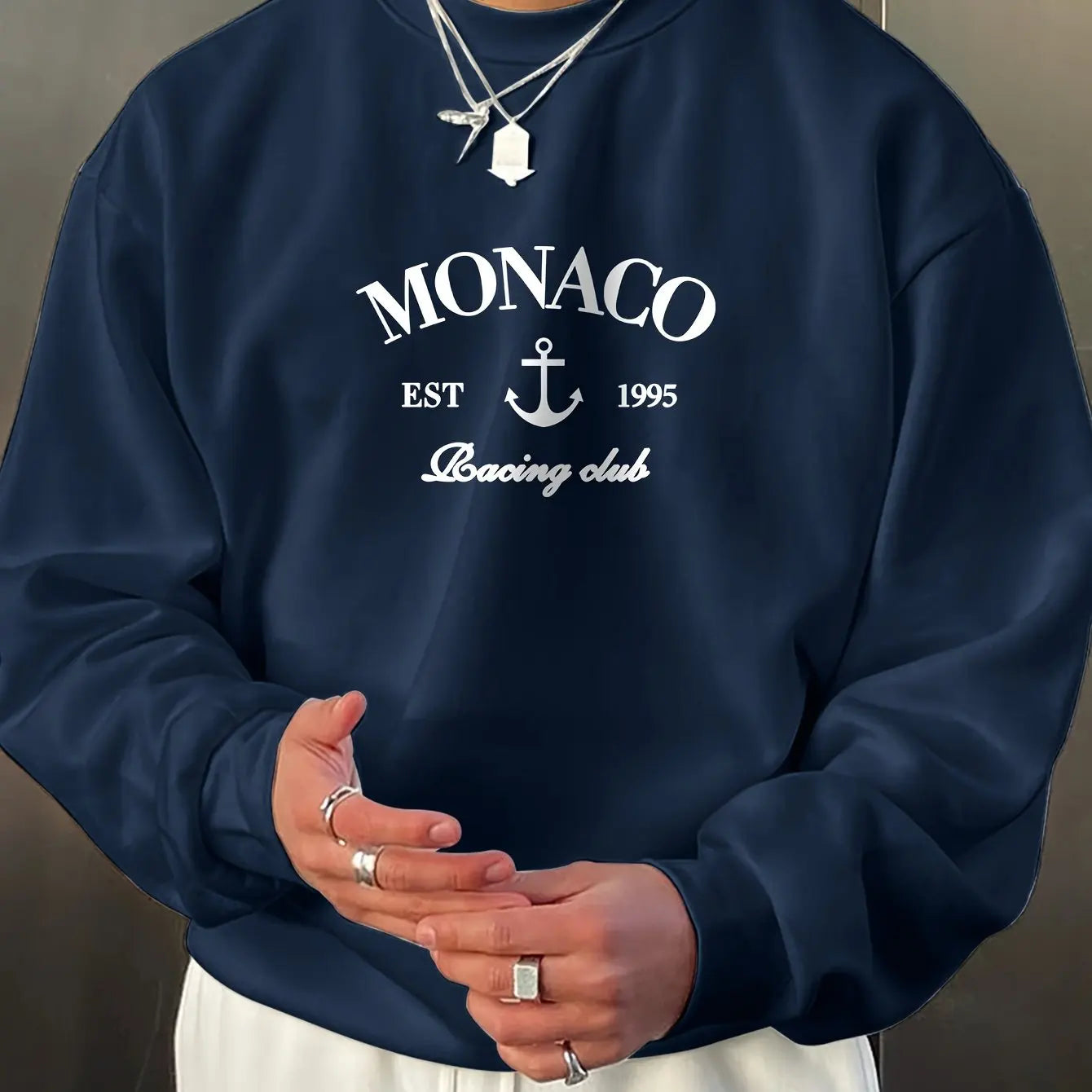 Men's autumn and winter fashionable casual loose monaco letter print fleece pullover long sleeved round neck sweatshirt