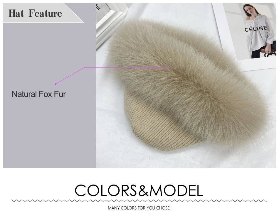 New Stylish Beanie Hats for Women Winter Warm Fluffy Bone Cap Soft Outdoor Thick Natural Fox Fur Hat Female Dome Hats