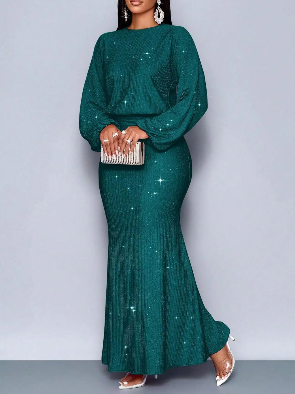 Elegantes, langärmliges Fischschwanzkleid mit Perlenverzierung und Falten für formelle Anlässe, Polyester-Lycra-Mischung, Sommer 2025,