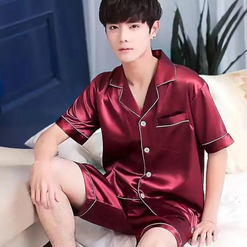 Champagner Eis Seide Nachtwäsche Kurzarm männer Dünne Modell Hause Kleidung Set Simulation Seide Strickjacke Kurze Hosen Jugend Stil