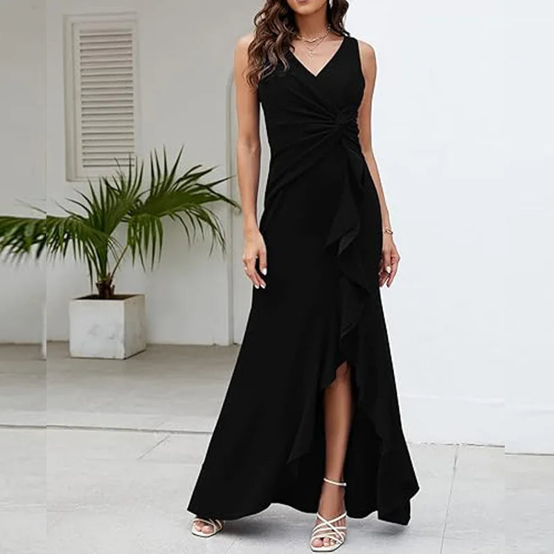 Sexy Schlitz, Rüschen, ärmellos, Abendkleider für Damen, modisch, V-Ausschnitt, schlank, plissiert, elegantes weibliches Maxi-langes Kleid 2025,