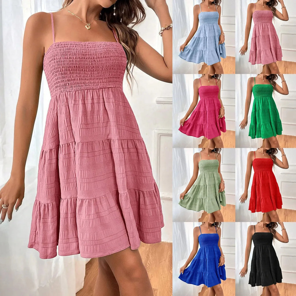 Bohemian Strand Sommerkleid Frauen Sexy Ärmellose Backless Große Schaukel Mini Kleid Solide Spaghetti Strap Rüschen Kleid Sommer Vestidos