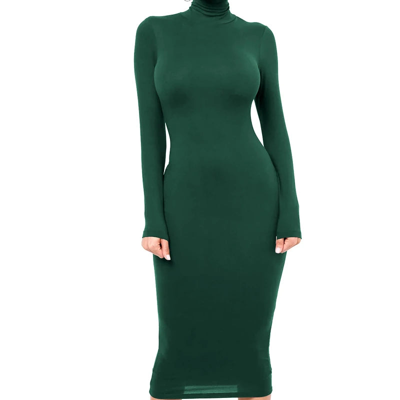 Winter Schwarz Rollkragen Sexy Frauen Kleid Herbst Langarm Dünne Midi Boydcon Casual Blau Plüsch Knie-Länge Party