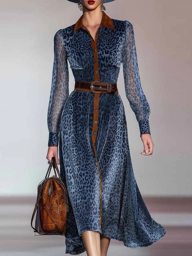 Frauen Elegantes Kleid Leopard Gedruckt Mesh Kleid Colorblock Revers Kragen Einreiher Vintage Chic Langarm Kleid